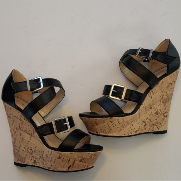 JustFab Shoes - NWOT JustFab Black Strappy Cork Wedges, Size 6.5
